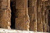 The great Chola temples of Tamil Nadu - The Airavatesvara temple of Darasuram. Details of the pillars of the prakara-wall surrounding the temple.